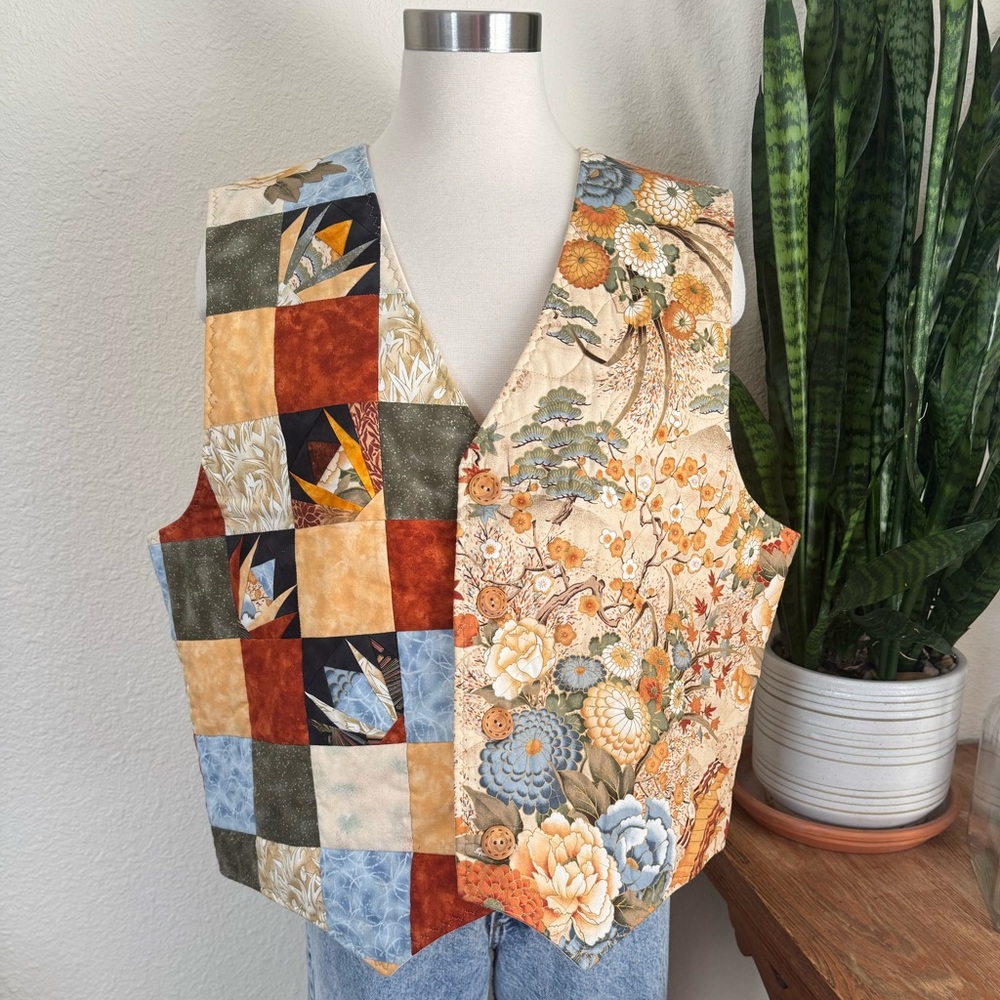 Vintage Patchwork Floral Quilted Vest Reversible Boho‎ Fall Layering large